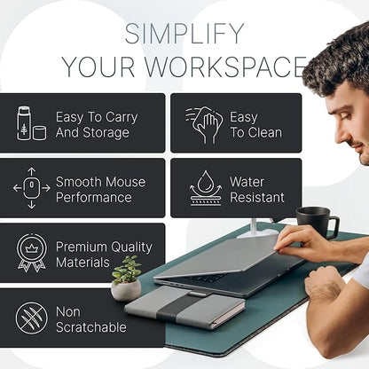 Nordik Felt and Leather Desk Mat Non - Slip - Green - 35 X 17 Inch - Dual Layer - Felt and Vegan Leather Desk Pad - Document Organizers - Blotter and Desktop Mat - Protector Laptop Matt for Desktop | Desk Pads Blotters - TrueDesk