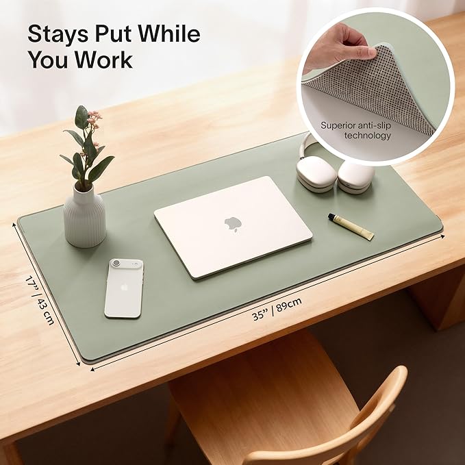 Nordik Felt and Leather Desk Mat - Willow Haze Sage - 35x17 Inch Felt and Vegan Leather Desk Blotter with Document Hideaway - Large Computer Mats for Desktop - Ideal Keyboard Mat for Office and Home | Desk Pads Blotters - TrueDesk