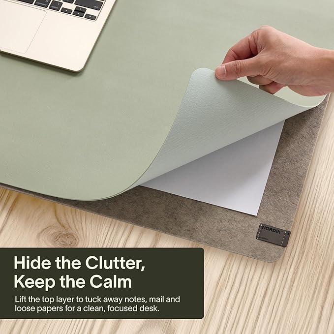 Nordik Felt and Leather Desk Mat - Willow Haze Sage - 35x17 Inch Felt and Vegan Leather Desk Blotter with Document Hideaway - Large Computer Mats for Desktop - Ideal Keyboard Mat for Office and Home | Desk Pads Blotters - TrueDesk
