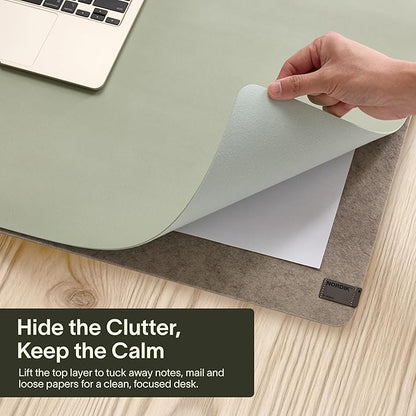 Nordik Felt and Leather Desk Mat - Willow Haze Sage - 35x17 Inch Felt and Vegan Leather Desk Blotter with Document Hideaway - Large Computer Mats for Desktop - Ideal Keyboard Mat for Office and Home | Desk Pads Blotters - TrueDesk