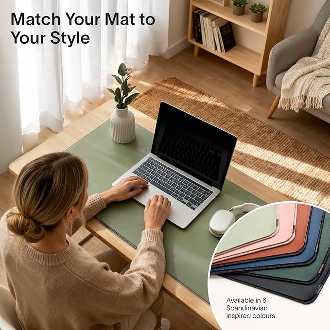 Nordik Felt and Leather Desk Mat - Willow Haze Sage - 35x17 Inch Felt and Vegan Leather Desk Blotter with Document Hideaway - Large Computer Mats for Desktop - Ideal Keyboard Mat for Office and Home | Desk Pads Blotters - TrueDesk
