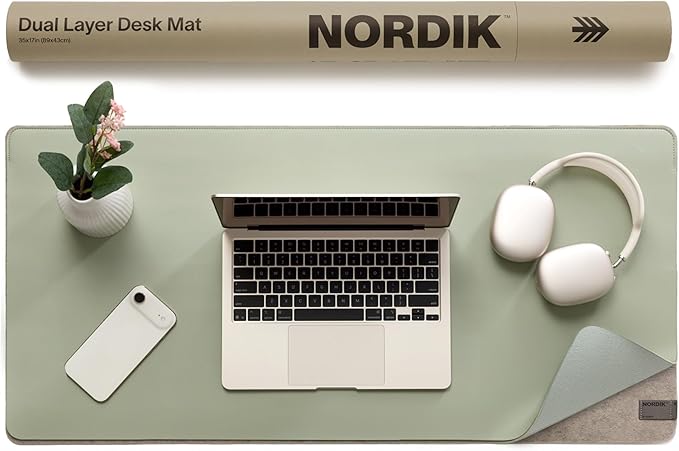 Nordik Felt and Leather Desk Mat - Willow Haze Sage - 35x17 Inch Felt and Vegan Leather Desk Blotter with Document Hideaway - Large Computer Mats for Desktop - Ideal Keyboard Mat for Office and Home | Desk Pads Blotters - TrueDesk