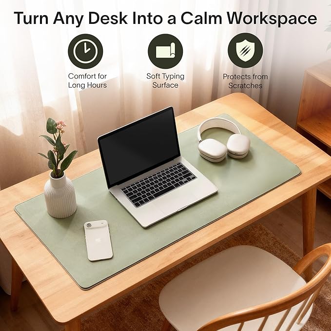 Nordik Felt and Leather Desk Mat - Willow Haze Sage - 35x17 Inch Felt and Vegan Leather Desk Blotter with Document Hideaway - Large Computer Mats for Desktop - Ideal Keyboard Mat for Office and Home | Desk Pads Blotters - TrueDesk