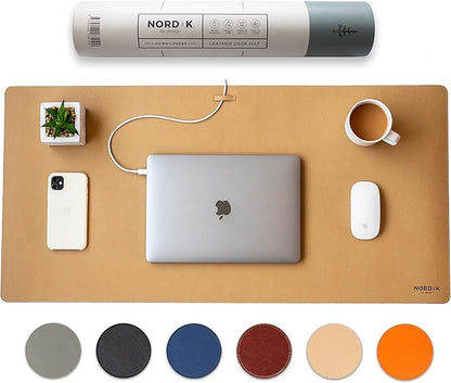 Nordik Leather Desk Mat Cable Organiser (Champagne Beige 89 X 43 cm) Premium Extended Mouse Mat for Home Office Accessories - Non - Slip Vegan Leather Desk Pad Protector & Desk Blotter Pad | Desk Pads Blotters - TrueDesk