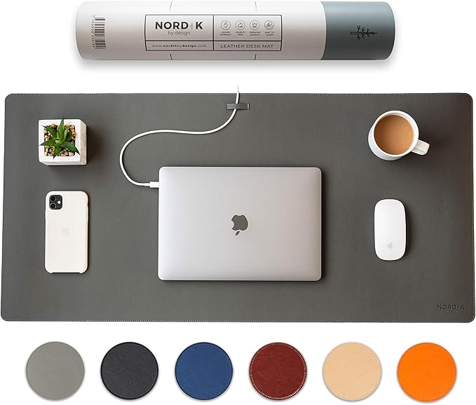 Nordik Leather Desk Mat Cable Organizer - Alaskan Gray 35 X 17 inch - Premium Extended Mouse Mat for Home Office Accessories - Non - Slip Vegan Leather Desk Pad Protector & Desk Blotter Pad | Desk Pads Blotters - TrueDesk