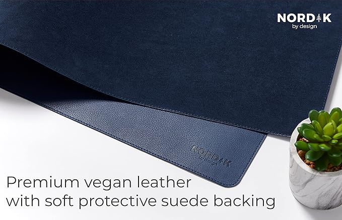 Nordik Leather Desk Mat Cable Organizer (Midnight Blue 35 x 17 inch) Premium Extended Mouse Mat for Home Office Accessories - Felt Vegan Large Leather Desk Pad Protector & Desk Blotter Pads Decor | Desk Pads Blotters - TrueDesk
