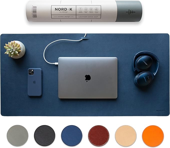 Nordik Leather Desk Mat Cable Organizer (Midnight Blue 35 x 17 inch) Premium Extended Mouse Mat for Home Office Accessories - Felt Vegan Large Leather Desk Pad Protector & Desk Blotter Pads Decor | Desk Pads Blotters - TrueDesk