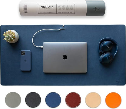 Nordik Leather Desk Mat Cable Organizer (Midnight Blue 35 x 17 inch) Premium Extended Mouse Mat for Home Office Accessories - Felt Vegan Large Leather Desk Pad Protector & Desk Blotter Pads Decor | Desk Pads Blotters - TrueDesk