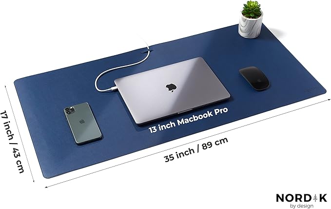 Nordik Leather Desk Mat Cable Organizer (Midnight Blue 35 x 17 inch) Premium Extended Mouse Mat for Home Office Accessories - Felt Vegan Large Leather Desk Pad Protector & Desk Blotter Pads Decor | Desk Pads Blotters - TrueDesk