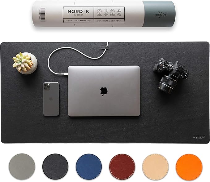 Nordik Leather Desk Mat Cable Organizer - Pebble Black 35 X 17 inch - Premium Mouse Mat - Felt Vegan Leather Desk Pad Protector - Desk Blotter Matt Keyboard - Large Desk Matt for Desktop Computer | Desk Pads Blotters - TrueDesk
