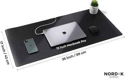 Nordik Leather Desk Mat Cable Organizer - Pebble Black 35 X 17 inch - Premium Mouse Mat - Felt Vegan Leather Desk Pad Protector - Desk Blotter Matt Keyboard - Large Desk Matt for Desktop Computer | Desk Pads Blotters - TrueDesk