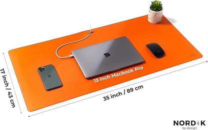 Nordik Leather Desk Mat Cable Organizer - Tangerine Orange 35 X 17 inch - Premium Extended Mouse Mat for Home Office Accessories - Non - Slip Vegan Leather Desk Pad Protector & Desk Blotter Pad | Desk Pads Blotters - TrueDesk