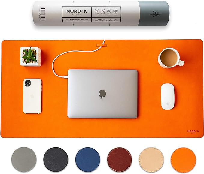 Nordik Leather Desk Mat Cable Organizer - Tangerine Orange 35 X 17 inch - Premium Extended Mouse Mat for Home Office Accessories - Non - Slip Vegan Leather Desk Pad Protector & Desk Blotter Pad | Desk Pads Blotters - TrueDesk