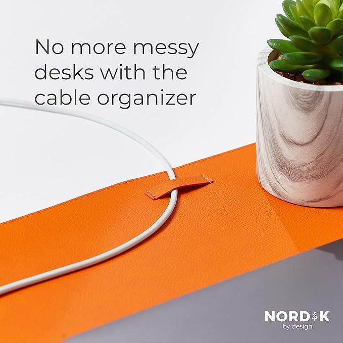Nordik Leather Desk Mat Cable Organizer - Tangerine Orange 35 X 17 inch - Premium Extended Mouse Mat for Home Office Accessories - Non - Slip Vegan Leather Desk Pad Protector & Desk Blotter Pad | Desk Pads Blotters - TrueDesk