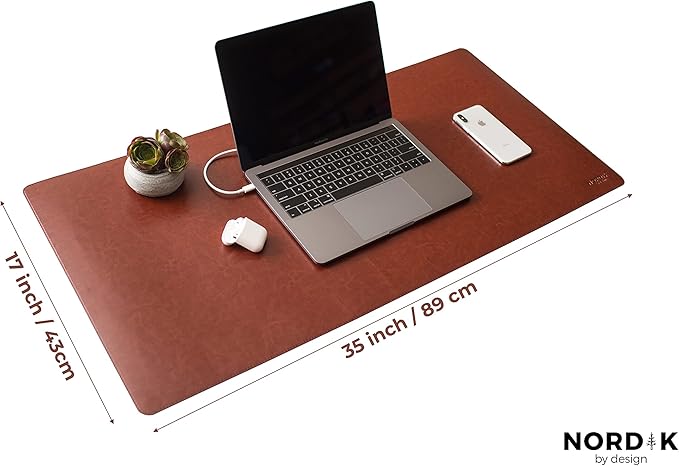 Nordik Leather Desk Mat - Whiskey Brown - Cable Organizer - Premium Mouse Mat & Desk Pad Protector - 35 X 17 Inch - Felt Vegan Leather - Large Office Mouse Pad & Blotter | Desk Pads Blotters - TrueDesk