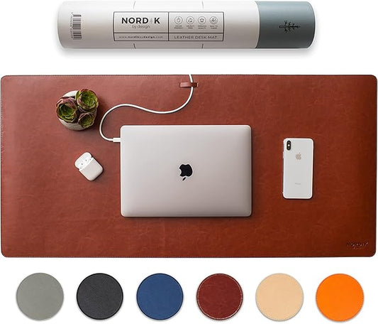 Nordik Leather Desk Mat - Whiskey Brown - Cable Organizer - Premium Mouse Mat & Desk Pad Protector - 35 X 17 Inch - Felt Vegan Leather - Large Office Mouse Pad & Blotter | Desk Pads Blotters - TrueDesk