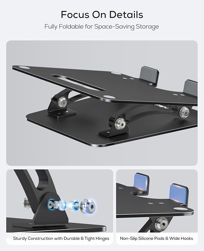 Nulaxy Fully Adjustable Laptop Stand for Desk, Dual Foldable Computer Riser with Heat - Vent, Ergonomic Notebook Holder Portable Office Accessories Compatible with Most Laptops, Black | Stands - TrueDesk
