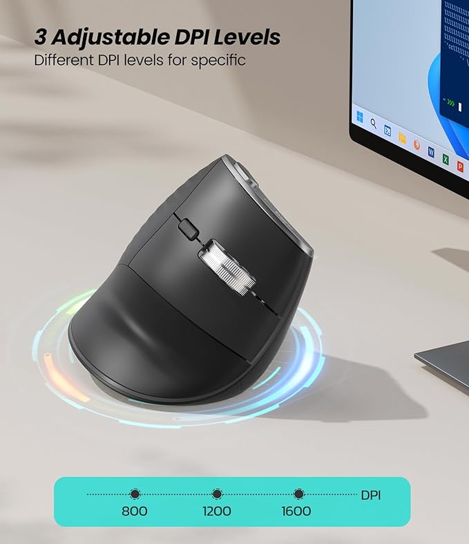 Nulea M510 Vertical Mouse Wireless, Ergonomic Mouse for Comfy Tracking, 3 Adjustable DPI (800 - 1200 - 1600), 2.4G Wireless Vertical Mouse with 6 Buttons, Compatible with Windows, Mac OS, Laptop, PC, Grey | Mice - TrueDesk
