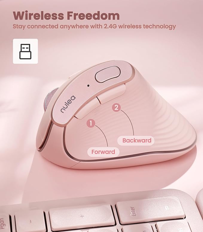 Nulea M510 Vertical Mouse Wireless, Ergonomic Mouse for Comfy Tracking, 3 Adjustable DPI (800 - 1200 - 1600), 2.4G Wireless Vertical Mouse with 6 Buttons, Compatible with Windows, Mac OS, Laptop, PC,Pink | Mice - TrueDesk