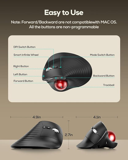 Nulea M514 Wireless Trackball Mouse - Reduce Wrist Strain with Ergonomic Vertical Design - Precision Thumb Control, Quiet Clicks, 3 - Device Bluetooth & USB, Rechargeable for PC/Mac | Mice - TrueDesk