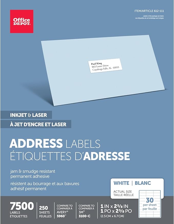 Office Depot White Inkjet/Laser Address Labels, 1in. x 2 5/8in., Box of 7,500, 505 - O004 - 0005 | Laser Inkjet Printer Labels - TrueDesk