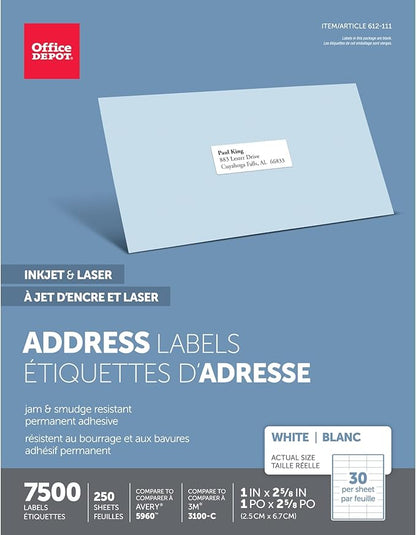 Office Depot White Inkjet/Laser Address Labels, 1in. x 2 5/8in., Box of 7,500, 505 - O004 - 0005 | Laser Inkjet Printer Labels - TrueDesk