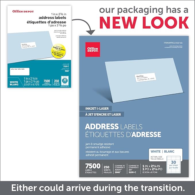 Office Depot White Inkjet/Laser Address Labels, 1in. x 2 5/8in., Box of 7,500, 505 - O004 - 0005 | Laser Inkjet Printer Labels - TrueDesk