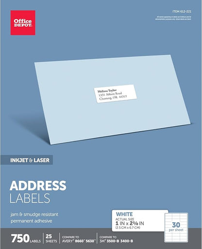 Office Depot White Inkjet/Laser Address Labels, 1in. x 2 5/8in., Pack Of 750, 505 - O004 - 0003 | Laser Inkjet Printer Labels - TrueDesk