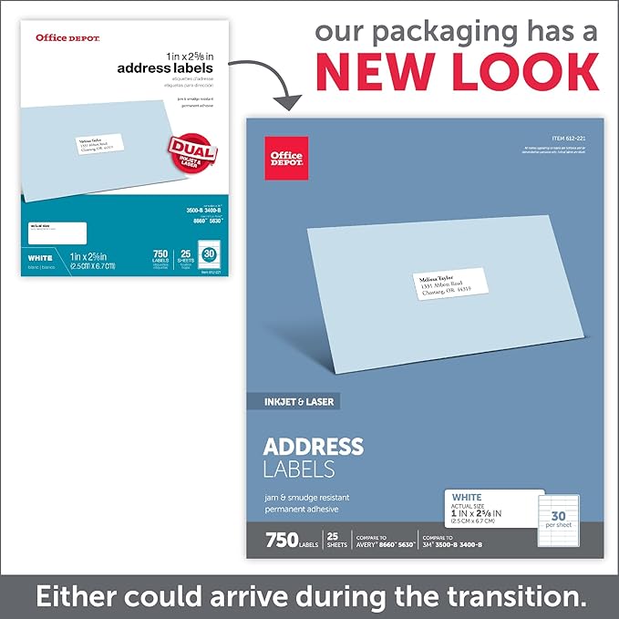 Office Depot White Inkjet/Laser Address Labels, 1in. x 2 5/8in., Pack Of 750, 505 - O004 - 0003 | Laser Inkjet Printer Labels - TrueDesk