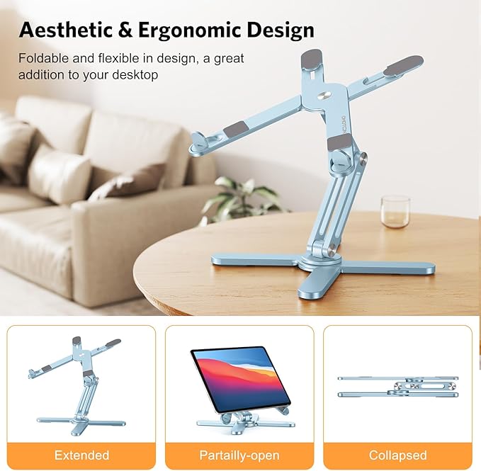 OMOTON 360° Rotating Laptop Stand Riser for Desk, Ergonomic Foldable Computer Stand Adjustable Height Angles for Collaborative Work, Easy Storage Fit Macbooks,All Laptops up to 16 inches,Sky Blue | Stands - TrueDesk