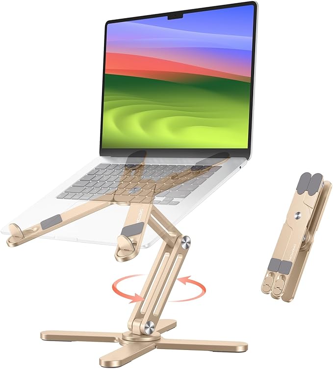 OMOTON 360 Rotating Laptop Stand Riser for Desk, Ergonomic Foldable Computer Stand Adjustable Height Angles for Collaborative Work, Easy Storage Fit Macbooks,All Laptops up to 16 inches, Gold | Stands - TrueDesk
