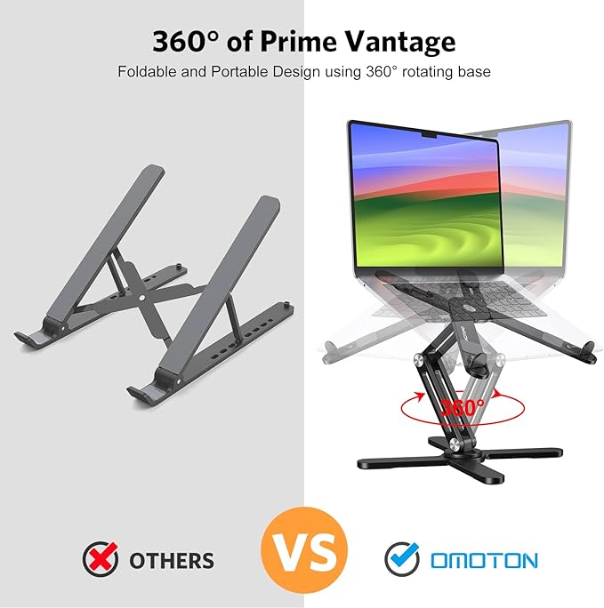 OMOTON 360° Rotating Laptop Stand Riser for Desk, Ergonomic Foldable Computer Stand Adjustable Height Angles for Collaborative Work, Easy Storage Fit Macbooks,All Laptops up to 16 inches, Black | Stands - TrueDesk