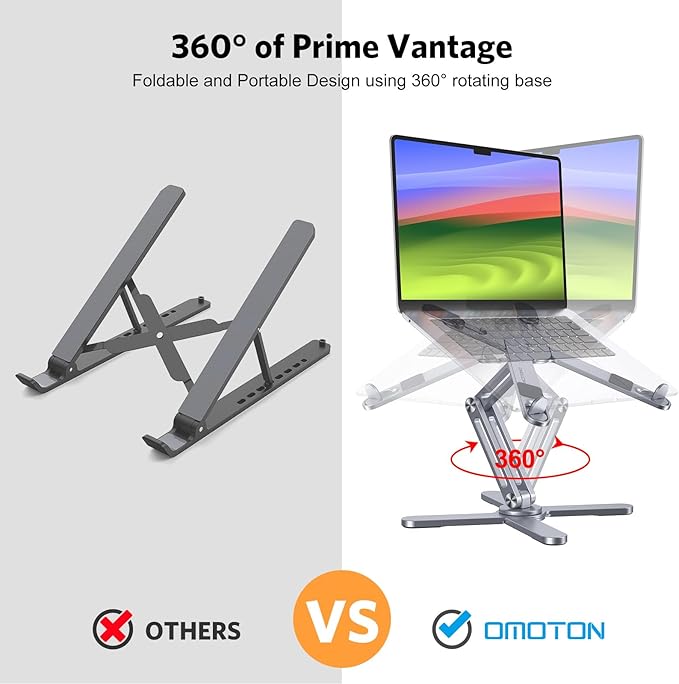 OMOTON 360° Rotating Laptop Stand Riser for Desk, Ergonomic Foldable Computer Stand Adjustable Height Angles for Collaborative Work, Easy Storage Fit Macbooks,All Laptops up to 16 inches, Space Grey | Stands - TrueDesk