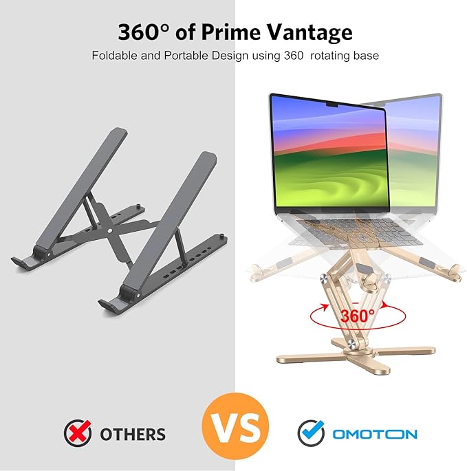 OMOTON 360 Rotating Laptop Stand Riser for Desk, Ergonomic Foldable Computer Stand Adjustable Height Angles for Collaborative Work, Easy Storage Fit Macbooks,All Laptops up to 16 inches, Gold | Stands - TrueDesk