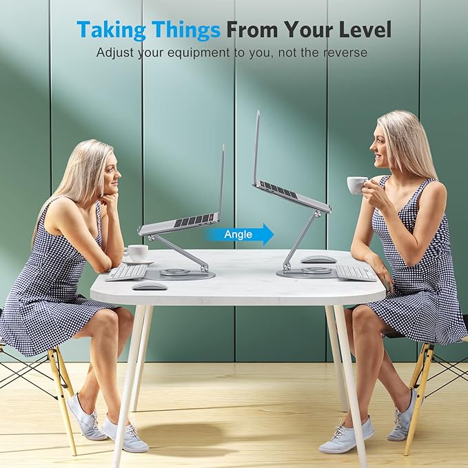 OMOTON Adjustable Laptop Stand with 360 Rotating Base, Ergonomic Laptop Riser for Collaborative Work, Dual Rotary Shaft Fully Foldable for Easy Storage, Fits All Laptops up to 16 inches, CoolGrey | Stands - TrueDesk