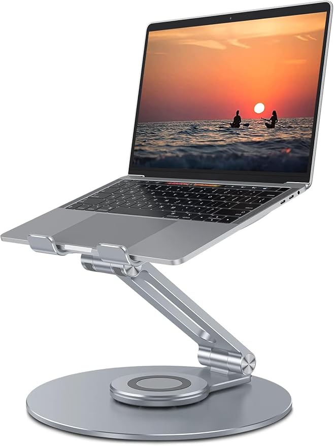 OMOTON Adjustable Laptop Stand with 360 Rotating Base, Ergonomic Laptop Riser for Collaborative Work, Dual Rotary Shaft Fully Foldable for Easy Storage, Fits All Laptops up to 16 inches, CoolGrey | Stands - TrueDesk