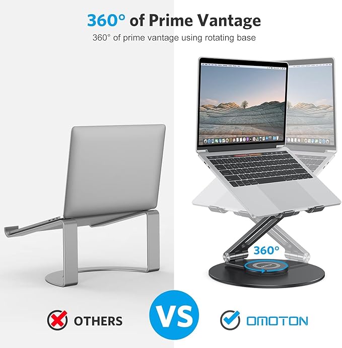 OMOTON Adjustable Laptop Stand with 360 Rotating Base, Ergonomic Laptop Riser for Collaborative Work, Dual Rotary Shaft Fully Foldable for Easy Storage, Fits All Laptops up to 16 inches, Black | Stands - TrueDesk