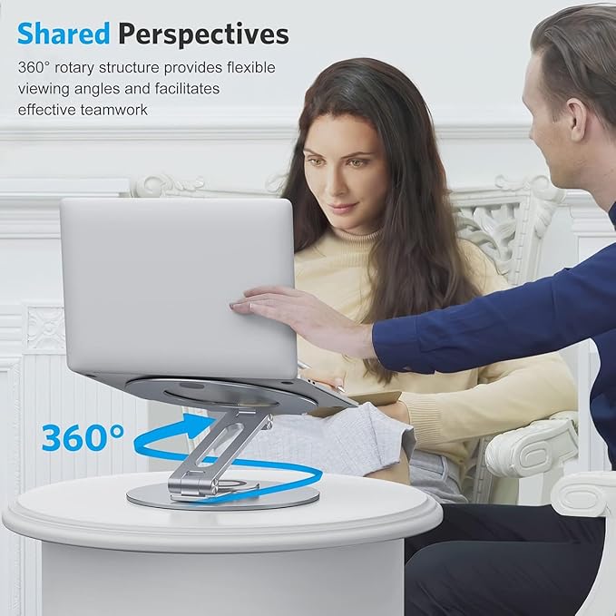 OMOTON Adjustable Laptop Stand with 360 Rotating Base, Ergonomic Laptop Riser for Collaborative Work, Dual Rotary Shaft Fully Foldable for Easy Storage, Fits All Laptops up to 16 inches, CoolGrey | Stands - TrueDesk
