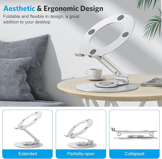 OMOTON Adjustable Laptop Stand with 360 Rotating Base, Ergonomic Laptop Riser for Collaborative Work, Dual Rotary Shaft Fully Foldable for Easy Storage, Fits All Laptops up to 16 inches, Silver | Stands - TrueDesk