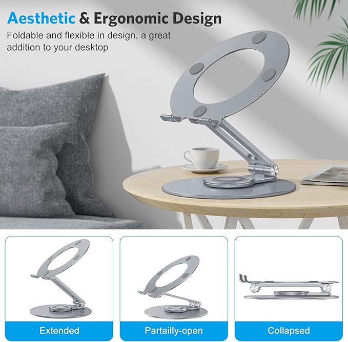 OMOTON Adjustable Laptop Stand with 360 Rotating Base, Ergonomic Laptop Riser for Collaborative Work, Dual Rotary Shaft Fully Foldable for Easy Storage, Fits All Laptops up to 16 inches, CoolGrey | Stands - TrueDesk