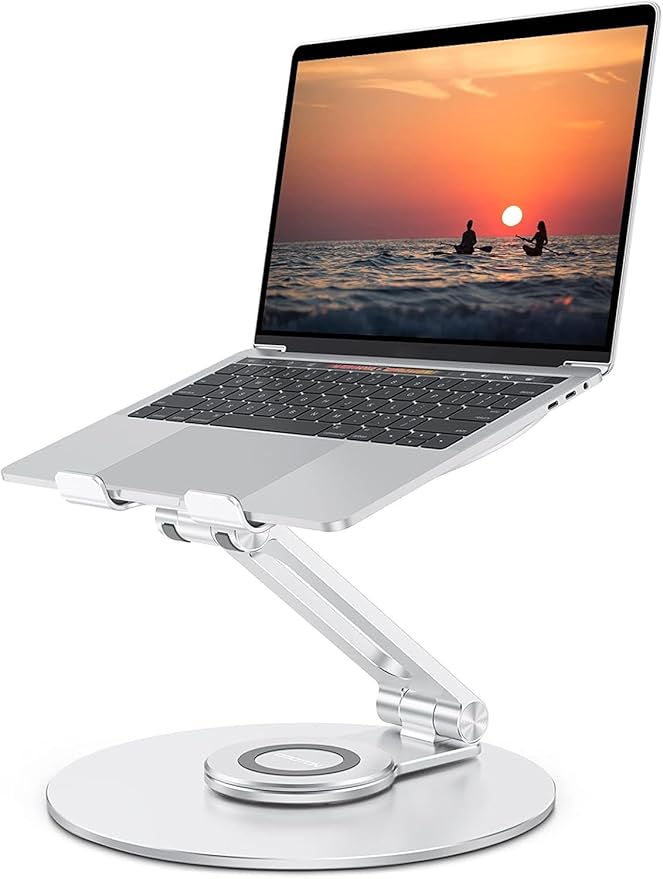 OMOTON Adjustable Laptop Stand with 360 Rotating Base, Ergonomic Laptop Riser for Collaborative Work, Dual Rotary Shaft Fully Foldable for Easy Storage, Fits All Laptops up to 16 inches, Silver | Stands - TrueDesk