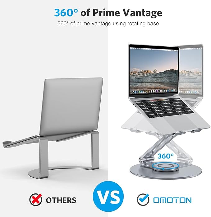OMOTON Adjustable Laptop Stand with 360 Rotating Base, Ergonomic Laptop Riser for Collaborative Work, Dual Rotary Shaft Fully Foldable for Easy Storage, Fits All Laptops up to 16 inches, CoolGrey | Stands - TrueDesk