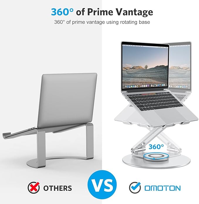 OMOTON Adjustable Laptop Stand with 360 Rotating Base, Ergonomic Laptop Riser for Collaborative Work, Dual Rotary Shaft Fully Foldable for Easy Storage, Fits All Laptops up to 16 inches, Silver | Stands - TrueDesk