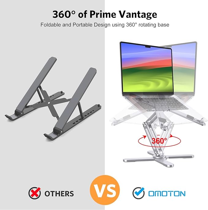 OMOTON LA10 360° Rotating Laptop Stand Riser for Desk, Ergonomic Foldable Computer Stand Adjustable Height Angles for Collaborative Work, Easy Storage Fit Macbooks,All Laptops up to 16 inches, Silver | Stands - TrueDesk