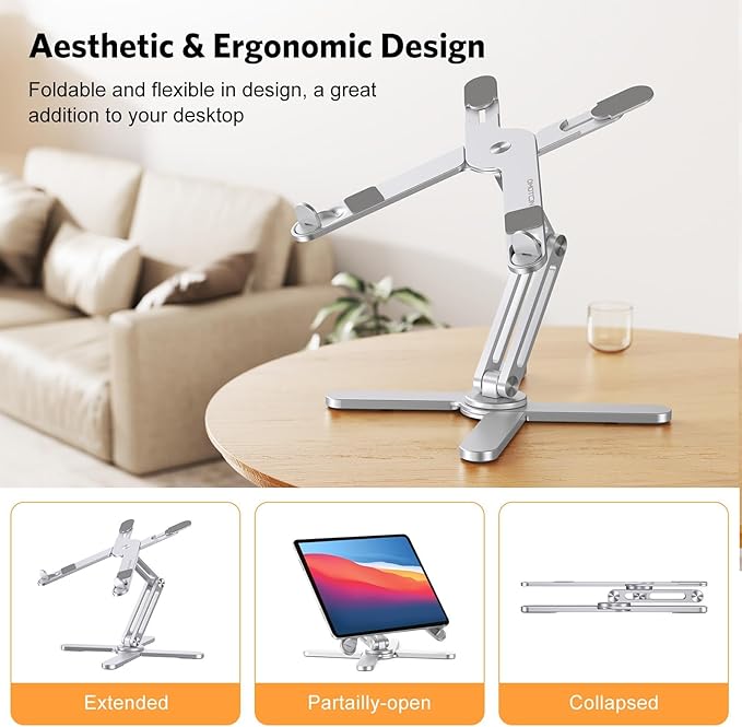 OMOTON LA10 360° Rotating Laptop Stand Riser for Desk, Ergonomic Foldable Computer Stand Adjustable Height Angles for Collaborative Work, Easy Storage Fit Macbooks,All Laptops up to 16 inches, Silver | Stands - TrueDesk