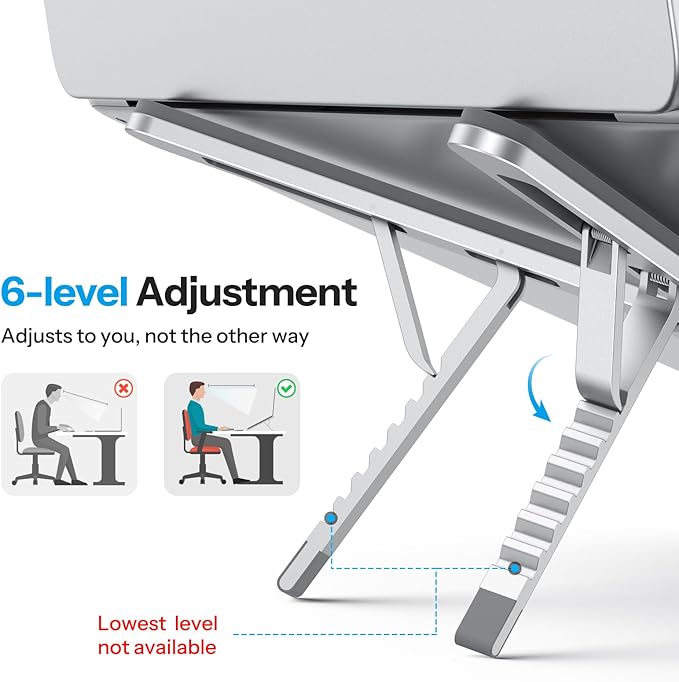 OMOTON LA15 Foldable & Portable Laptop Stand for Desk, [360° Support Feet+Lightweight] Tablet Stand for Desk and Travel, 6 Level Height Ergonomic Aluminum Computer Holder for 10 - 16" Laptops | Stands - TrueDesk