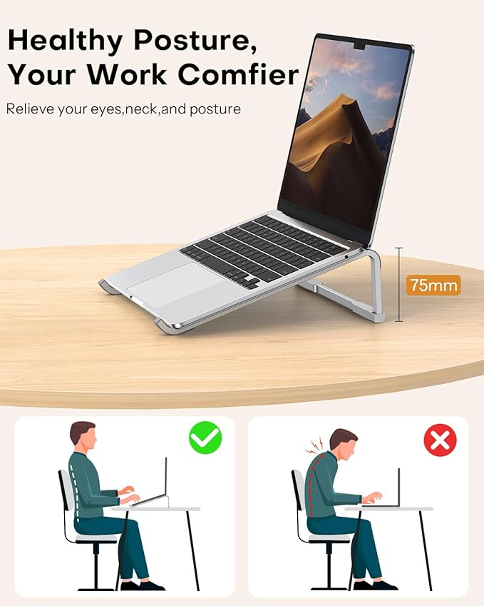 OMOTON Portable Laptop Stand for Desk, Foldable Aluminum Laptop Riser, Ergonomic Computer Stand Compatible with for MacBook Pro/Air, Dell, HP, Lenovo, 10 - 17.3'' (Silver) | Stands - TrueDesk