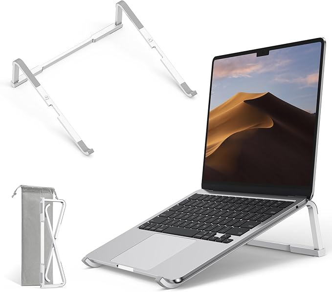 OMOTON Portable Laptop Stand for Desk, Foldable Aluminum Laptop Riser, Ergonomic Computer Stand Compatible with for MacBook Pro/Air, Dell, HP, Lenovo, 10 - 17.3'' (Silver) | Stands - TrueDesk