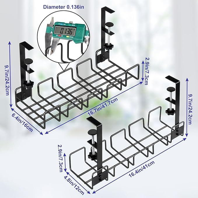 OneLeaf 2 Pack Cable Management Tray, No Drill Wire Management Rack, Office Wire Organizers for Cords, Computer Desk Accessories, Under Desk Organizer with Cable Organization | Cable Raceways - TrueDesk