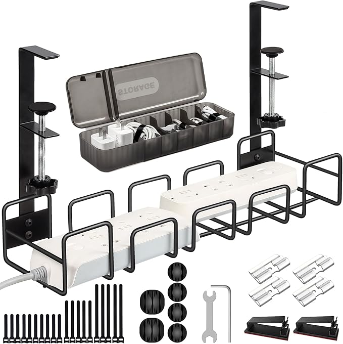 OneLeaf Under Desk Cable Management Tray - No Drill Wire Management Rack for Office, Computer Desk Accessories with Cable Organization | Cable Raceways - TrueDesk